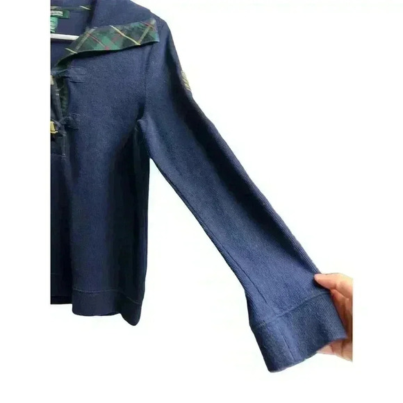 Lauren Ralph Lauren Embroidered Logo Plaid Collared Gold Buttons Sweater Navy - Picture 7 of 11